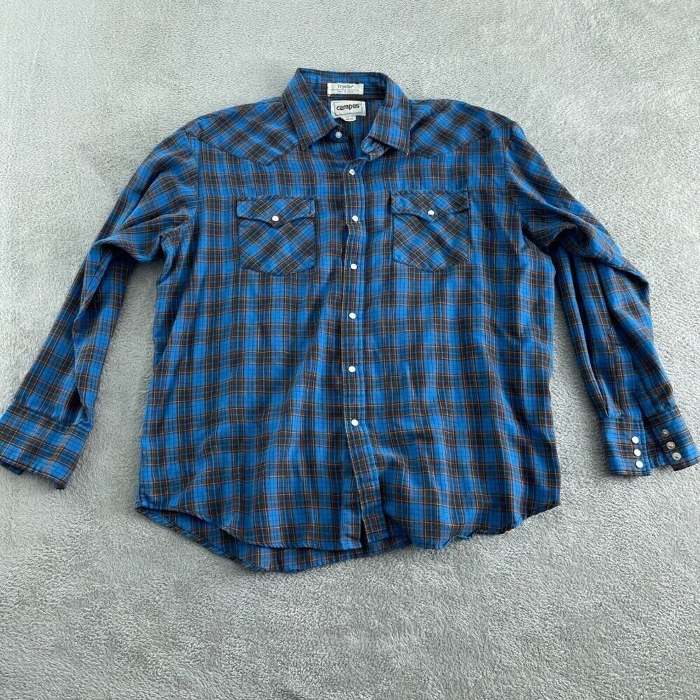 Vintage Campus Blue Plaid Western Shirt XL Snap Button Cotton Blend Mens 0436